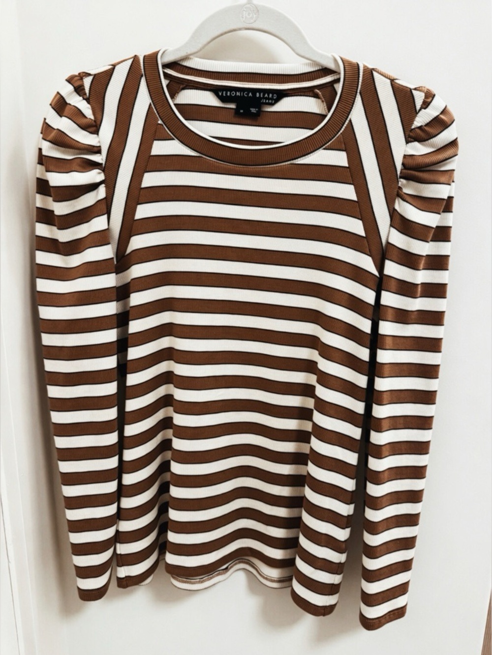 Veronica Beard Camel and Brown Striped Puff-Sleeve Long Sleeve Top